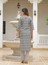 Grey Ethnic Motif Printed Cotton Kurta, Pant And Dupatta Set With Thread & Mirror Work-J4848GREY_OF